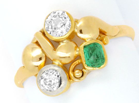 Foto 2 - Sehr alter Diamant Smaragd Ring 14K Gelbgold und Silber, S6575